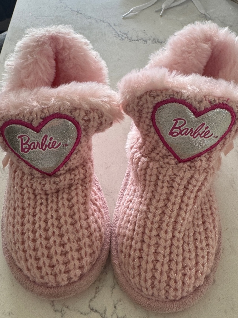 Barbie Pink Knit Plush Heart Logo Slip-On Slippers Baby size M